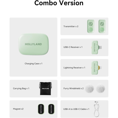 Радиосистема Hollyland LARK A1 Combo 2-Person Wireless Microphone System with USB-C and Lightning Connectors for Mobile Devices (Mint Green, 2.4 GHz) (LARK A1 Combo Green) | Hollyland