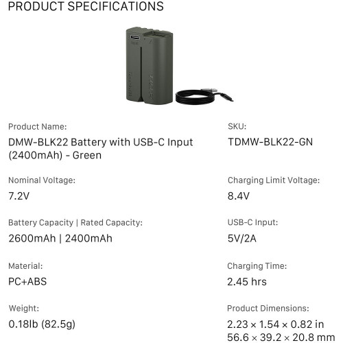Аккумулятор Tilta DMW-BLK22 USB-C Battery (2400mAh) (TDMW-BLK22-GN) | Tilta