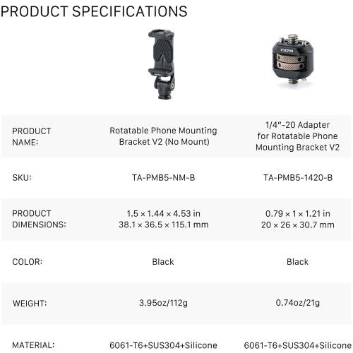 Поворотний тримач для смартфона з адаптером 1/4'-20 Tilta Rotatable Phone Mounting Bracket V2 with 1/4'-20 Mount (TA-PMB5-1420K-B) | від бренду Tilta