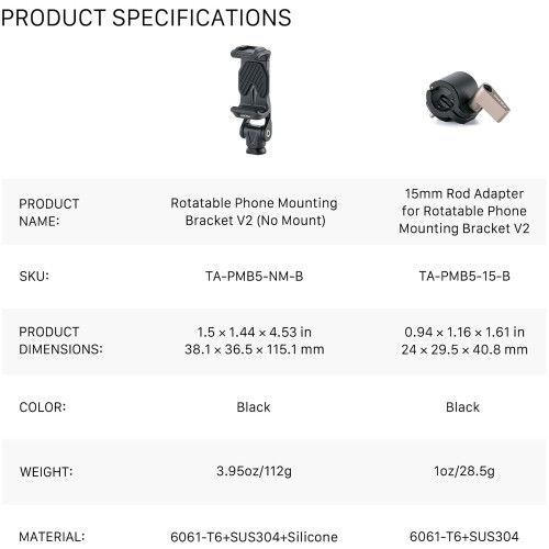 Поворотний тримач для смартфона з 15-мм адаптером Tilta Rotatable Phone Mounting Bracket V2 with 15mm Rod Mount (TA-PMB5-15K-B) | від бренду Tilta