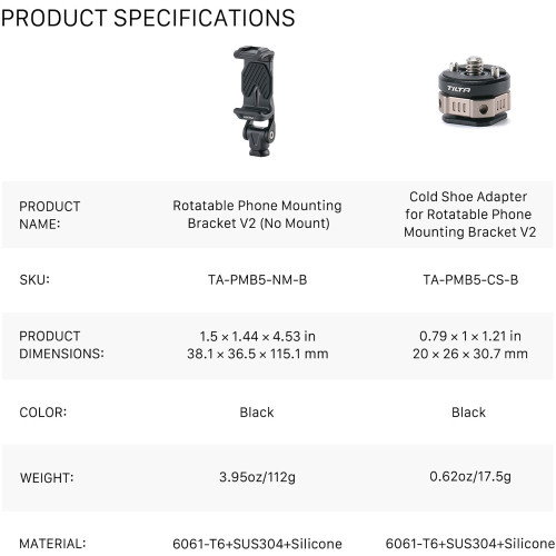 Поворотний тримач для смартфона з адаптером холодного черевика Tilta Rotatable Phone Mounting Bracket V2 with Cold Shoe Mount (TA-PMB5-CSK-B) | від бренду Tilta