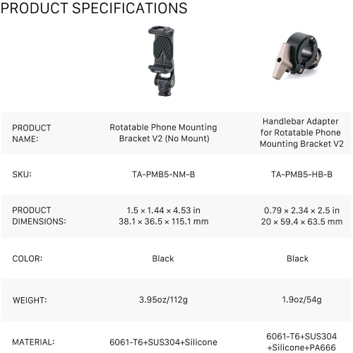Поворотний тримач для смартфона з адаптером на кермо Tilta Rotatable Phone Mounting Bracket V2 with Handlebar Mount (TA-PMB5-HBK-B) | від бренду Tilta