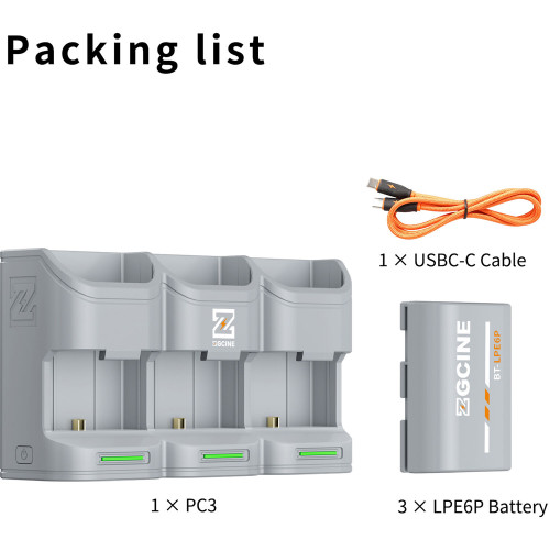 Зарядний пристрій ZGCINE Travel Charging Case Kit with 3 LP-E6P Batteries (2600mAh, Gray) (PC3-LPE6P Kit3) | ZGCINE