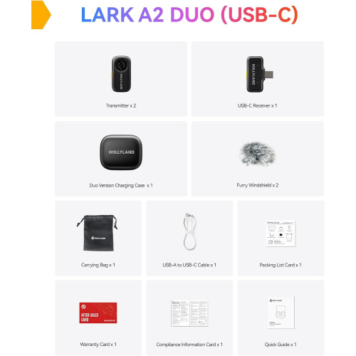 Беспроводная микрофонная система Hollyland LARK A2 Duo 2TX&1RX Wireless Microphone System with USB-C Reciver (Space Gray, 2.4 GHz) (LARK A2 DUO) | от бренда Hollyland