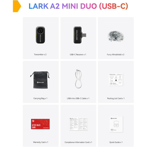 Беспроводная микрофонная система Hollyland LARK A2 Miini Duo 2TX&1RX Wireless Microphone System with USB-C Reciver (Space Gray, 2.4 GHz) (LARK A2 MINI DUO) | от бренда Hollyland