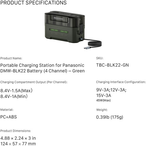 Портативний зарядний пристрій Tilta Portable Charging Station for DMW-BLK22 Batteries (TBC-BLK22-GN) | Tilta
